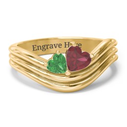 Double Heart Wave Birthstone Ring in 10K Solid Yellow Gold with Emerald and Ruby