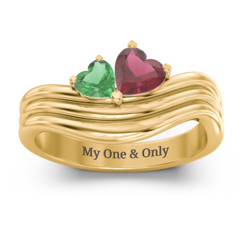 Double Heart Wave Birthstone Ring – 10K Yellow Gold with Emerald and Ruby