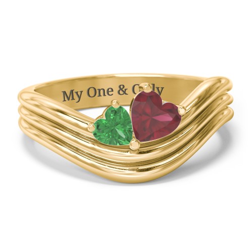 Double Heart Wave Birthstone Ring – 10K Yellow Gold with Emerald and Ruby