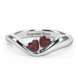 Tilted Double Heart Gemstone Ring with Curved Band