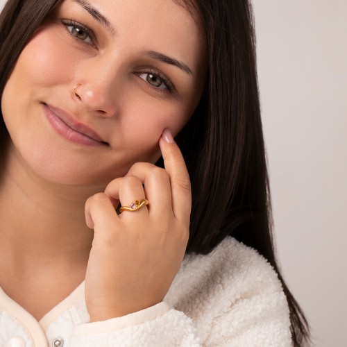 Tilted Double Heart Gemstone Ring with Curved Band