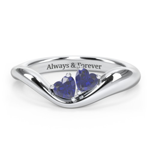 Tilted Double Heart Gemstone Ring with Curved Band