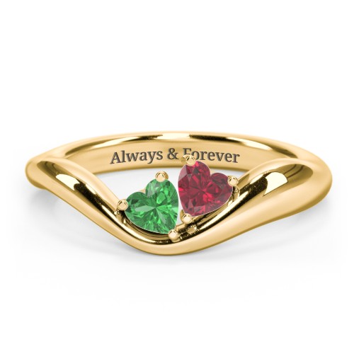 Tilted Double Heart Gemstone Ring with Curved Band