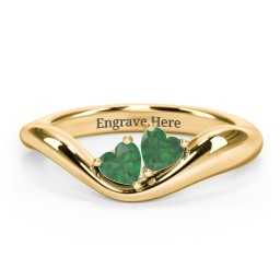 Tilted Double Heart Gemstone Ring with Curved Band in 18K Gold Plated Silver with Emerald