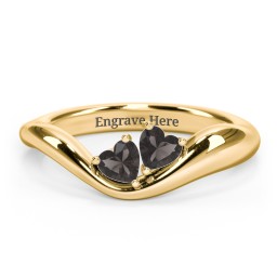 Tilted Double Heart Gemstone Ring with Curved Band in 18K Gold Plated Silver with Smokey Quartz
