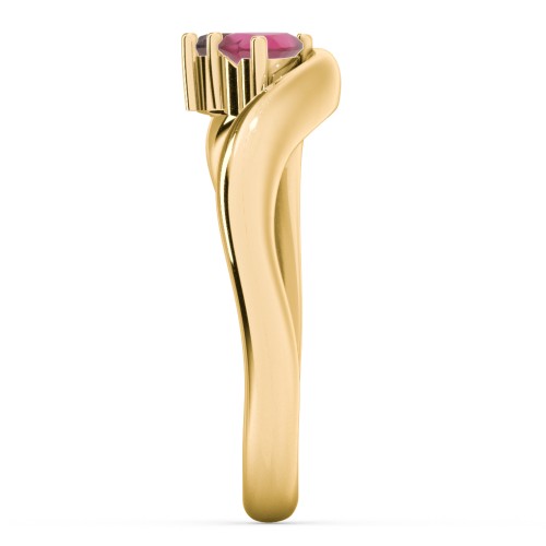 Tilted Double Heart Gemstone Ring with Curved Band – 18K Gold Plated Silver with Ruby and Garnet