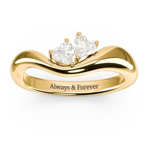 Tilted Double Heart Gemstone Ring with Curved Band – 18K Gold Plated Silver with Cubic Zirconia