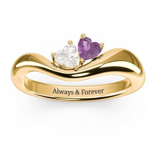 Tilted Double Heart Gemstone Ring with Curved Band – 18K Gold Plated Silver with Cubic Zirconia and Amethyst
