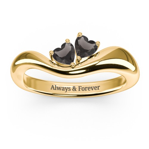 Tilted Double Heart Gemstone Ring with Curved Band – 18K Gold Plated Silver with Smokey Quartz