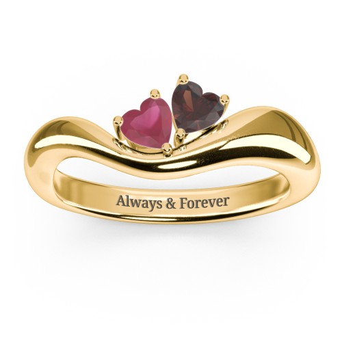 Tilted Double Heart Gemstone Ring with Curved Band – 18K Gold Plated Silver with Ruby and Garnet