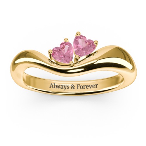 Tilted Double Heart Gemstone Ring with Curved Band – 18K Gold Plated Silver with Pink Tourmaline