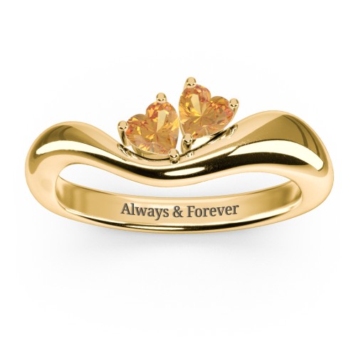 Tilted Double Heart Gemstone Ring with Curved Band – 18K Gold Plated Silver with Citrine