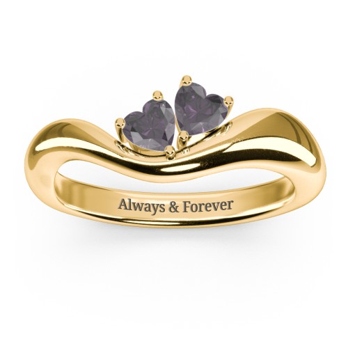 Tilted Double Heart Gemstone Ring with Curved Band – 18K Gold Plated Silver with Alexandrite