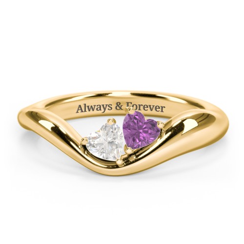 Tilted Double Heart Gemstone Ring with Curved Band – 18K Gold Plated Silver with Cubic Zirconia and Amethyst