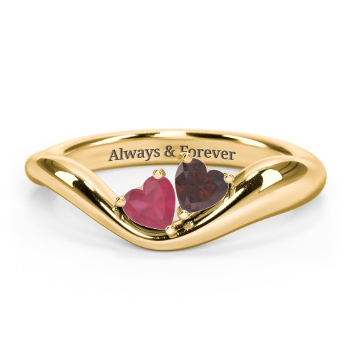 Tilted Double Heart Gemstone Ring with Curved Band – 18K Gold Plated Silver with Ruby and Garnet