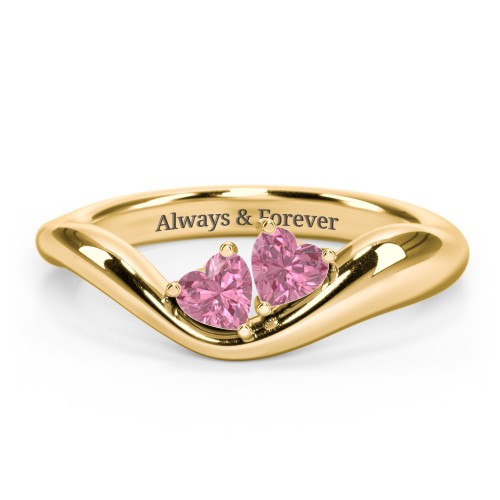 Tilted Double Heart Gemstone Ring with Curved Band – 18K Gold Plated Silver with Pink Tourmaline