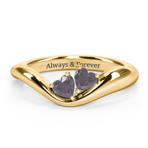 Tilted Double Heart Gemstone Ring with Curved Band – 18K Gold Plated Silver with Alexandrite
