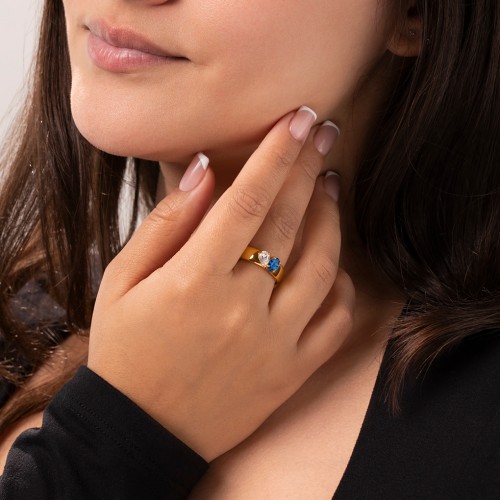 Toi et Moi Oval and Pear Gemstone Ring with Wide Band – 10K Rose Gold with Pink Tourmaline and Blue Topaz