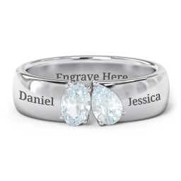 Toi et Moi Oval and Pear Gemstone Ring with Wide Band in 925 Sterling Silver with Aquamarine
