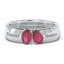 Toi et Moi Oval and Pear Gemstone Ring with Wide Band in 925 Sterling Silver with Ruby