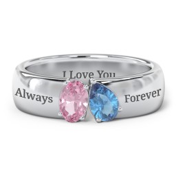 Toi et Moi Oval and Pear Gemstone Ring with Wide Band in 925 Sterling Silver with Pink Tourmaline and Blue Topaz