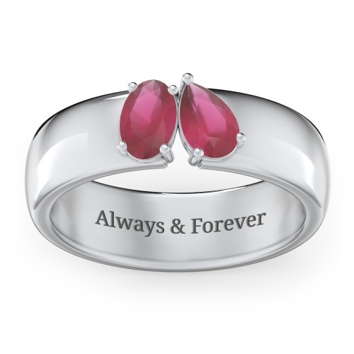 Toi et Moi Oval and Pear Gemstone Ring with Wide Band – Sterling Silver with Ruby