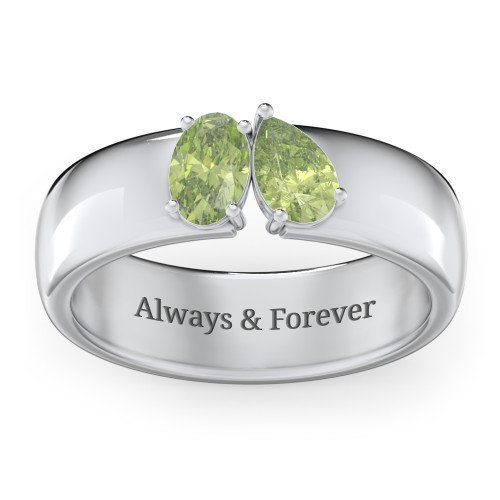 Toi et Moi Oval and Pear Gemstone Ring with Wide Band – Sterling Silver with Peridot