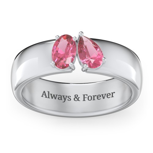Toi et Moi Oval and Pear Gemstone Ring with Wide Band – Sterling Silver with Pink Tourmaline