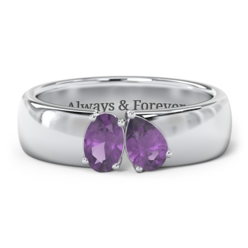 Toi et Moi Oval and Pear Gemstone Ring with Wide Band – Sterling Silver with Amethyst