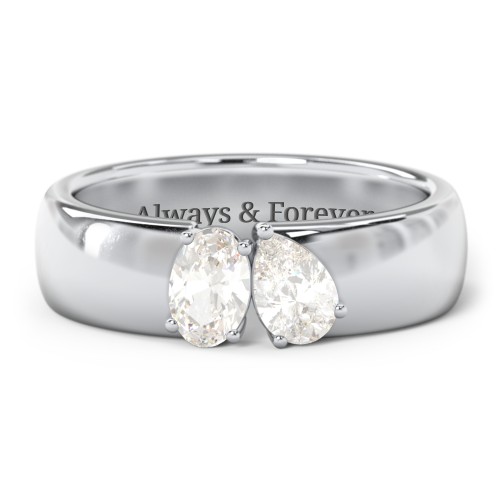 Toi et Moi Oval and Pear Gemstone Ring with Wide Band – Sterling Silver with Cubic Zirconia