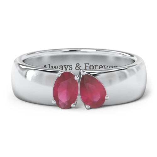 Toi et Moi Oval and Pear Gemstone Ring with Wide Band – Sterling Silver with Ruby