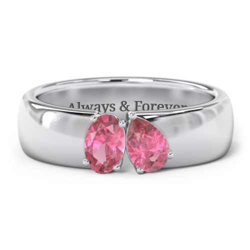 Toi et Moi Oval and Pear Gemstone Ring with Wide Band – Sterling Silver with Pink Tourmaline