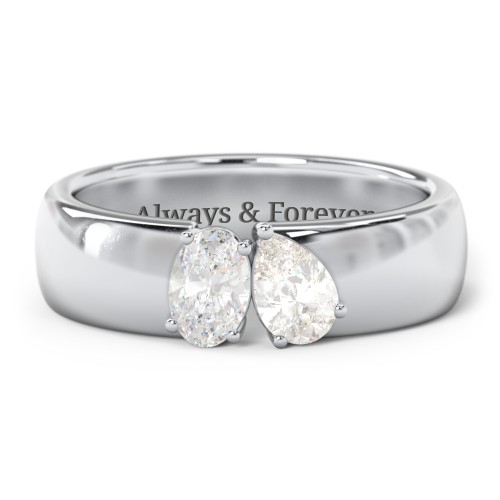 Toi et Moi Oval and Pear Gemstone Ring with Wide Band – Sterling Silver with White Sapphire and Cubic Zirconia