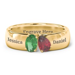 Toi et Moi Oval and Pear Gemstone Ring with Wide Band in 10K Solid Yellow Gold with Emerald and Ruby