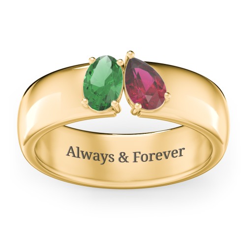 Toi et Moi Oval and Pear Gemstone Ring with Wide Band – 10K Yellow Gold with Emerald and Ruby