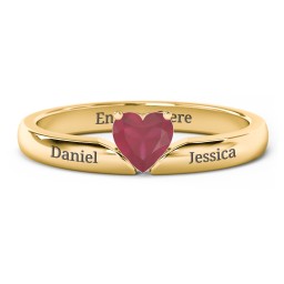 Solitaire Heart Gemstone Ring with Engravable Band in 18K Gold Plated Silver with Ruby