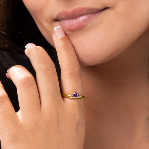 Solitaire Heart Gemstone Ring with Engravable Band – 18K Gold Plated Silver with Ruby