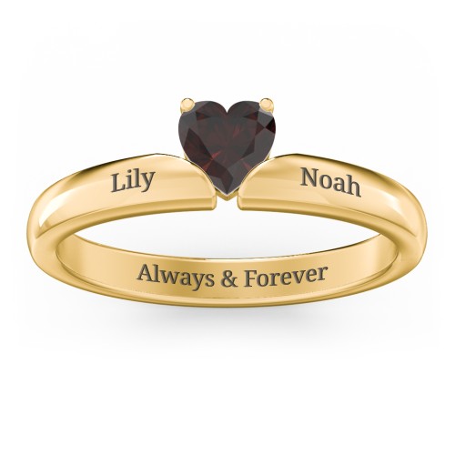 Solitaire Heart Gemstone Ring with Engravable Band – 18K Gold Plated Silver with Garnet