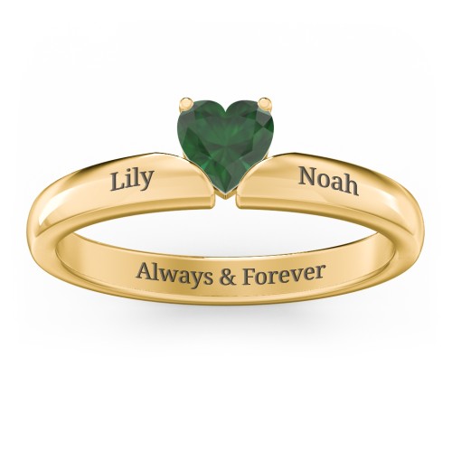 Solitaire Heart Gemstone Ring with Engravable Band – 18K Gold Plated Silver with Emerald