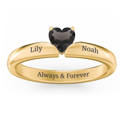 Solitaire Heart Gemstone Ring with Engravable Band – 18K Gold Plated Silver with Smokey Quartz