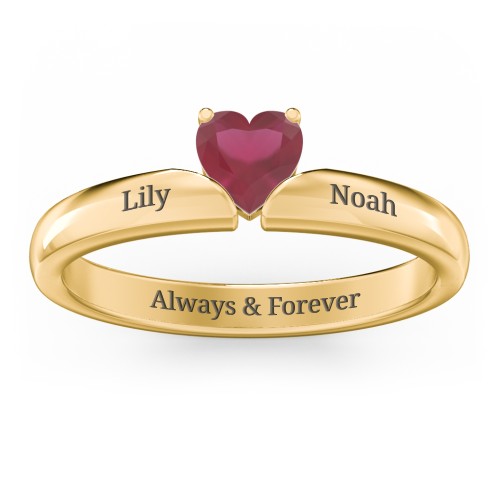 Solitaire Heart Gemstone Ring with Engravable Band – 18K Gold Plated Silver with Ruby