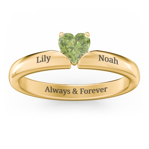 Solitaire Heart Gemstone Ring with Engravable Band – 18K Gold Plated Silver with Peridot