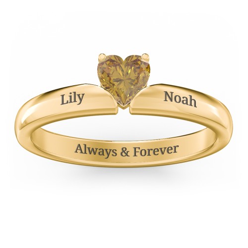 Solitaire Heart Gemstone Ring with Engravable Band – 18K Gold Plated Silver with Citrine