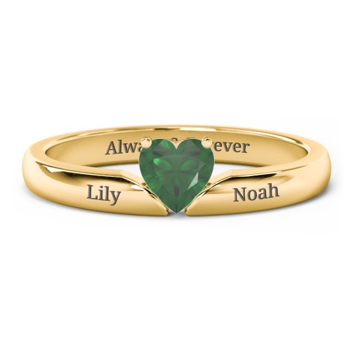 Solitaire Heart Gemstone Ring with Engravable Band – 18K Gold Plated Silver with Emerald