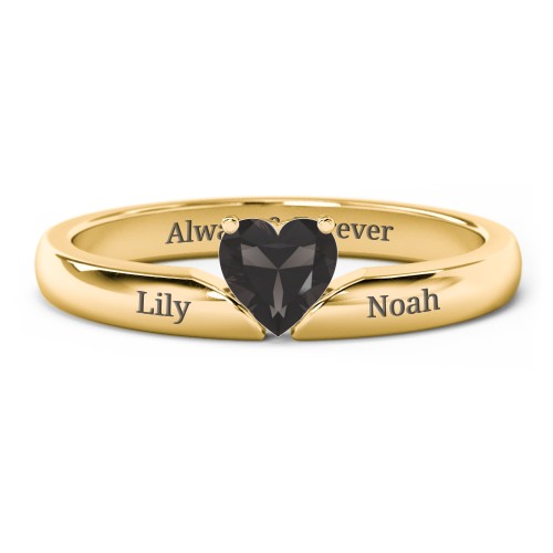 Solitaire Heart Gemstone Ring with Engravable Band – 18K Gold Plated Silver with Smokey Quartz