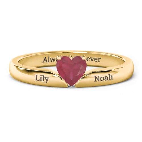 Solitaire Heart Gemstone Ring with Engravable Band – 18K Gold Plated Silver with Ruby