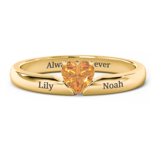 Solitaire Heart Gemstone Ring with Engravable Band – 18K Gold Plated Silver with Citrine