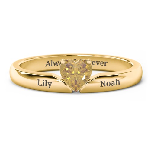 Solitaire Heart Gemstone Ring with Engravable Band – 18K Gold Plated Silver with Citrine