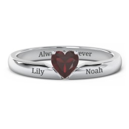 Solitaire Heart Gemstone Ring with Engravable Band in 925 Sterling Silver with Garnet