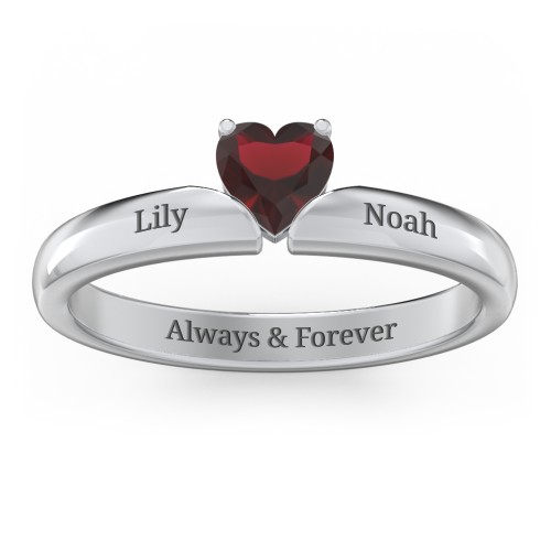 Solitaire Heart Gemstone Ring with Engravable Band – Sterling Silver with Garnet